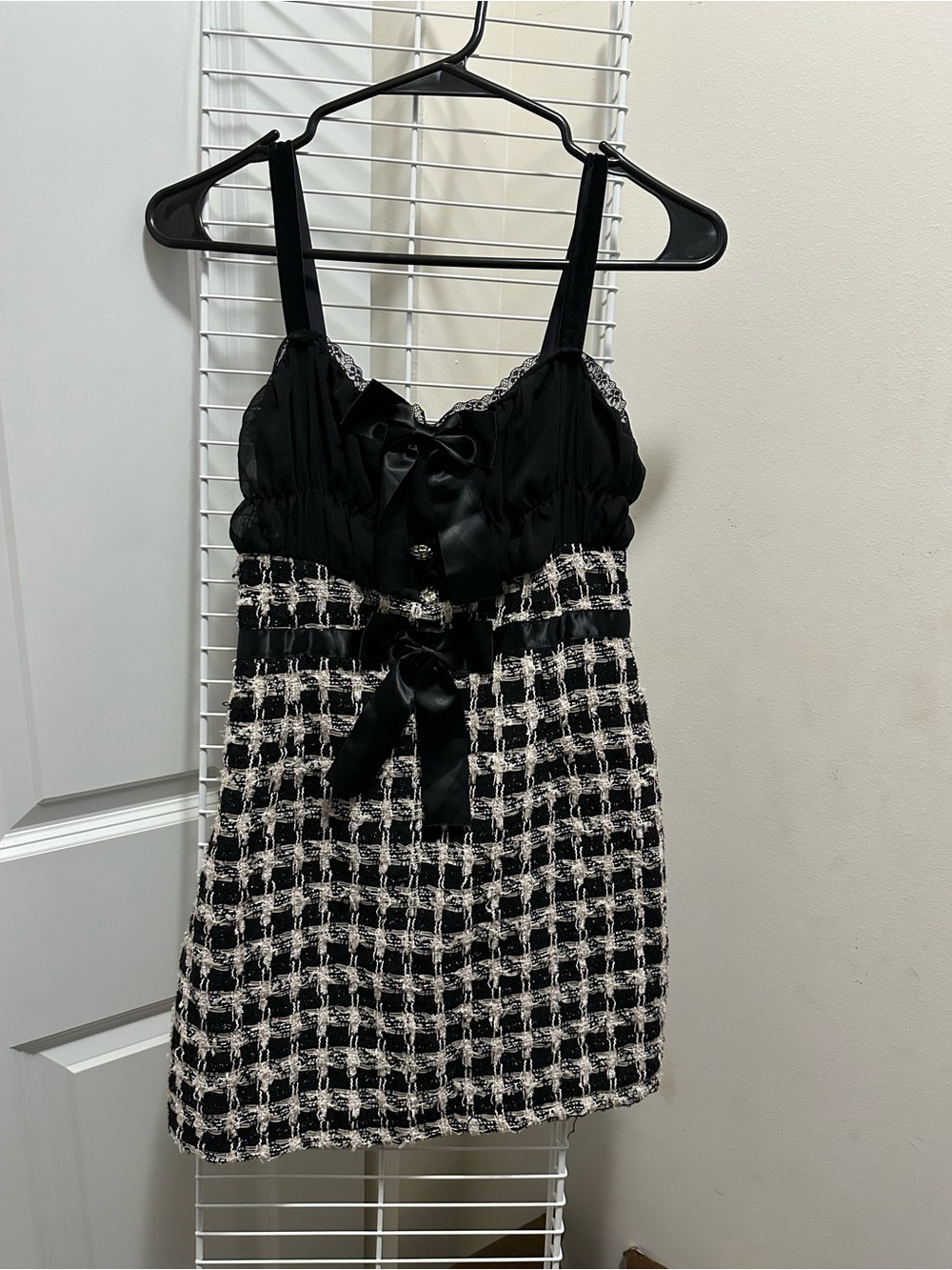 Black & White Tweed Satin-Trim Dress